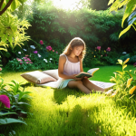 **A serene garden scene with a person reading a physical book, surrounded by lush greenery and colorful flowers. Sunlight filters through the leaves, creating a peaceful "digital oasis".** (This captures the idea of creating tech-free zones and rediscovering the joy of offline activities.)