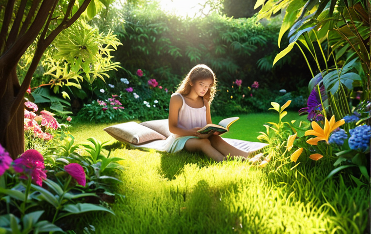 **A serene garden scene with a person reading a physical book, surrounded by lush greenery and colorful flowers. Sunlight filters through the leaves, creating a peaceful "digital oasis".** (This captures the idea of creating tech-free zones and rediscovering the joy of offline activities.)