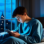 A young male teenager, approximately 16 years old, is sitting on his bed in a modern, subtly lit bedroom during the late evening. He is fully clothed in modest, comfortable sleepwear. His face is gently illuminated by the soft, blue glow of a smartphone or tablet he holds, hinting at prolonged screen use. His expression carries a subtle hint of quiet weariness or contemplation, suggesting the pervasive nature of digital engagement. The room is neat, with a window showing the night sky. The image should convey a sense of calm but also the invisible weight of constant connectivity. Professional lighting, high-resolution photography, perfect anatomy, correct proportions, well-formed hands, proper finger count, natural body proportions, natural pose, safe for work, appropriate content, fully clothed, modest, family-friendly.