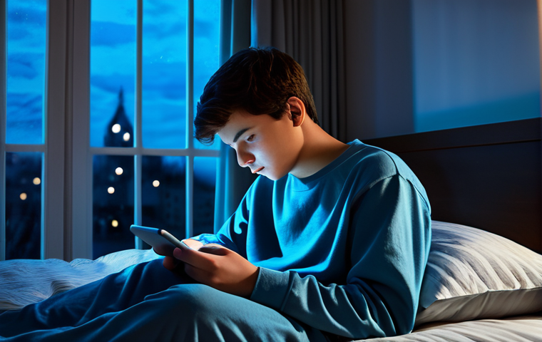 A young male teenager, approximately 16 years old, is sitting on his bed in a modern, subtly lit bedroom during the late evening. He is fully clothed in modest, comfortable sleepwear. His face is gently illuminated by the soft, blue glow of a smartphone or tablet he holds, hinting at prolonged screen use. His expression carries a subtle hint of quiet weariness or contemplation, suggesting the pervasive nature of digital engagement. The room is neat, with a window showing the night sky. The image should convey a sense of calm but also the invisible weight of constant connectivity. Professional lighting, high-resolution photography, perfect anatomy, correct proportions, well-formed hands, proper finger count, natural body proportions, natural pose, safe for work, appropriate content, fully clothed, modest, family-friendly.
