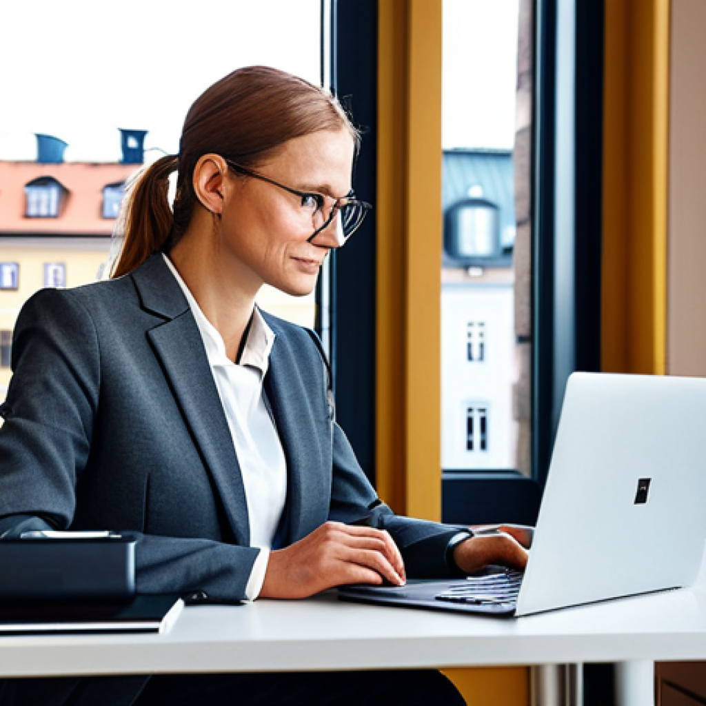 **

A professional businesswoman in a modest, tailored business suit, sitting at a clean desk in a modern Stockholm office overlooking Gamla Stan. She is working on a laptop, with a cup of Swedish coffee (kaffe) nearby. Perfect anatomy, correct proportions, natural pose, professional photography, high quality, safe for work, appropriate content, fully clothed, professional.

**