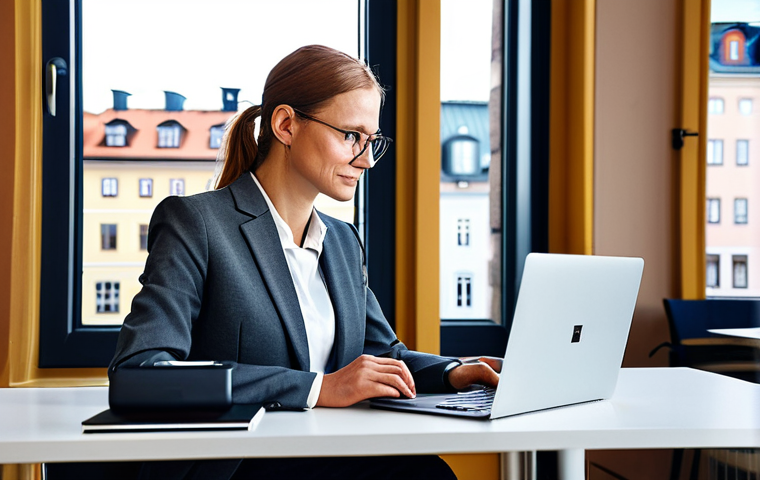 **

A professional businesswoman in a modest, tailored business suit, sitting at a clean desk in a modern Stockholm office overlooking Gamla Stan. She is working on a laptop, with a cup of Swedish coffee (kaffe) nearby. Perfect anatomy, correct proportions, natural pose, professional photography, high quality, safe for work, appropriate content, fully clothed, professional.

**