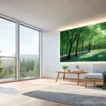 테크노스트레스 극복을 위한 커뮤니티 만들기 - A young adult, appearing slightly overwhelmed, sits in a modern, bright apartment living room. Aroun...