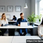 Home 14 테크노스트레스 예방을 위한 법적 조치 - A modern Swedish office environment showing a diverse group of professional employees working at the...