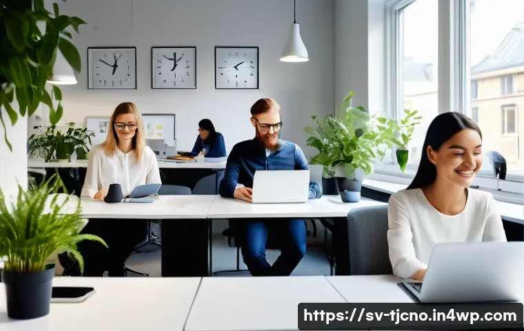 테크노스트레스 예방을 위한 법적 조치 - A modern Swedish office environment showing a diverse group of professional employees working at the...