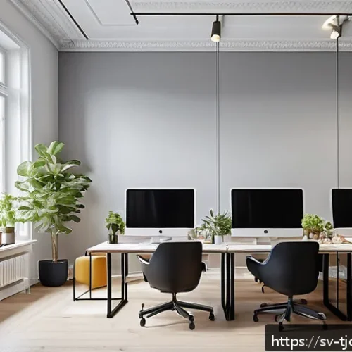 Home 13 테크노스트레스 관리의 경제적 이점 - A modern Scandinavian office scene during "digital quiet hours," featuring diverse employees focused...