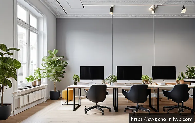 테크노스트레스 관리의 경제적 이점 - A modern Scandinavian office scene during "digital quiet hours," featuring diverse employees focused...