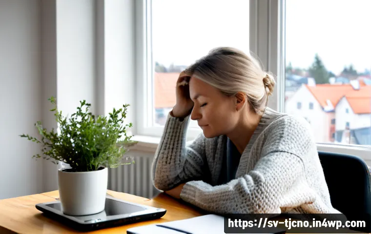 Home 15 디지털 환경에서의 테크노스트레스 해소 방법 - Photorealistic Swedish home office scene, a relaxed middle-aged woman taking a digital break beside ...