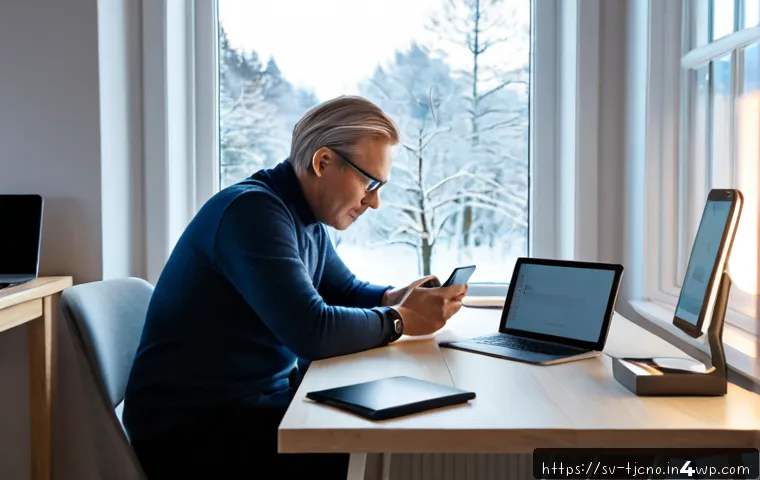 Home 17 테크노스트레스와 IT 기기의 영향 - Photorealistic Swedish home office scene, an overwhelmed middle-aged professional sitting at a clean...